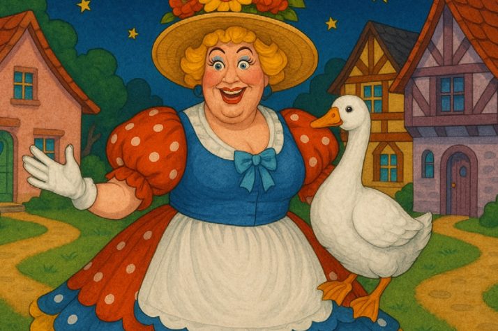 A cartoon illustration of Mother Goose holding a goose