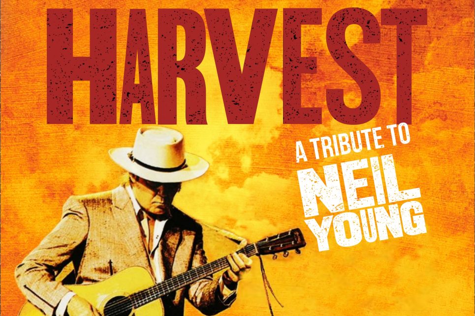 Graphic of Neil Young tribute artist playing guitar against an orange/yellow background