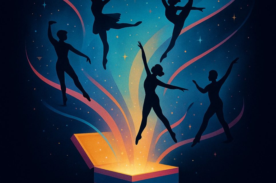 Colourful graphic of dancers coming out of a magical box Colourful graphic of dancers coming out of a magical box