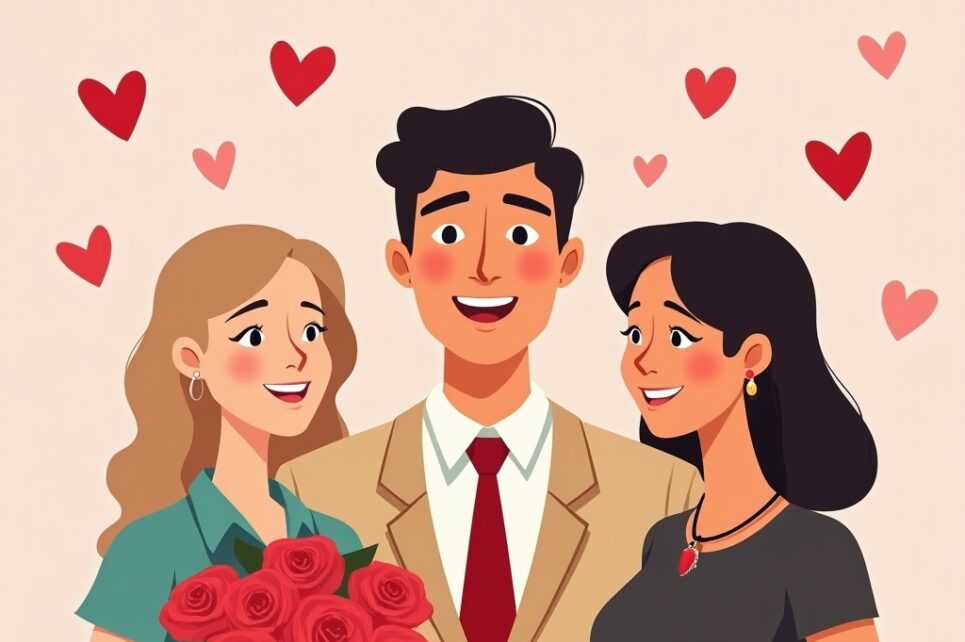 Animated image of a man in a suit smiling with two women either side of him and love hearts in the background