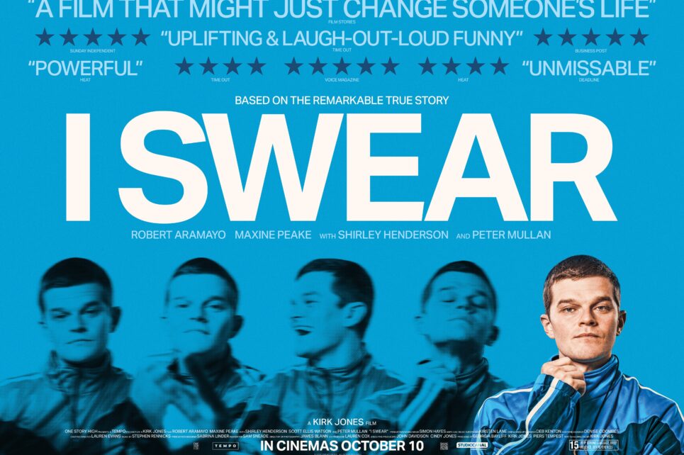 Poster of film I Swear with multiple images of the same man against a blue background 