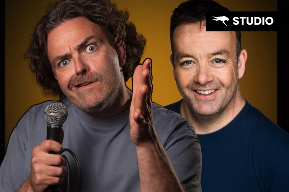 Close up of two comedians