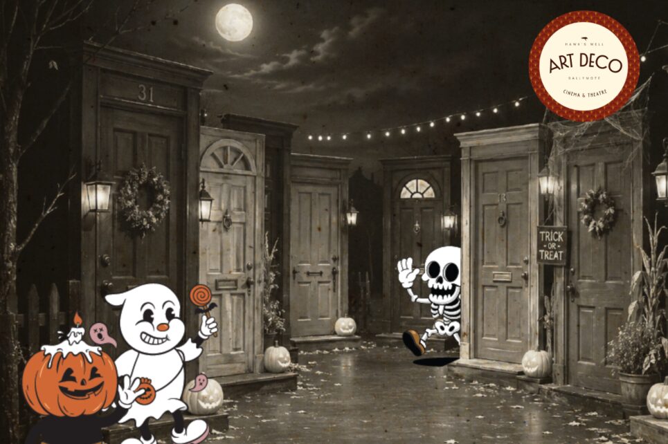 Graphic of a ghost and a skeleton in a haunted house 