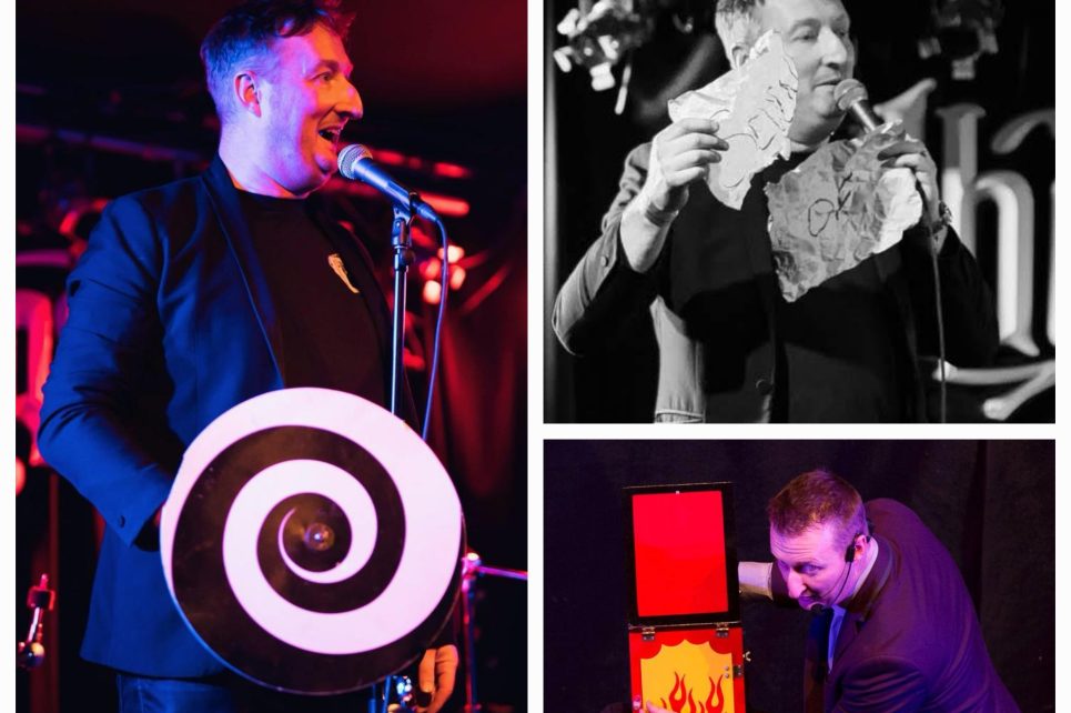 Collage of Colm Dawson performing magic tricks