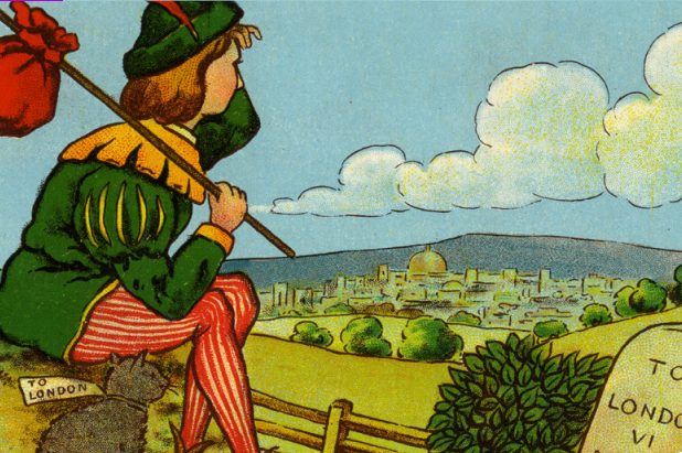 An illustration of Dick Whittington holding a bag on a pole over his shoulder and looking over a lush green landscape.