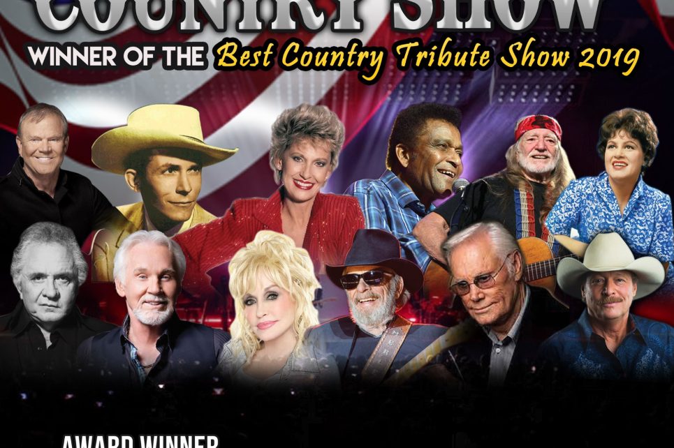 A poster for the event American Country show with a collage of photographs of various country music stars.