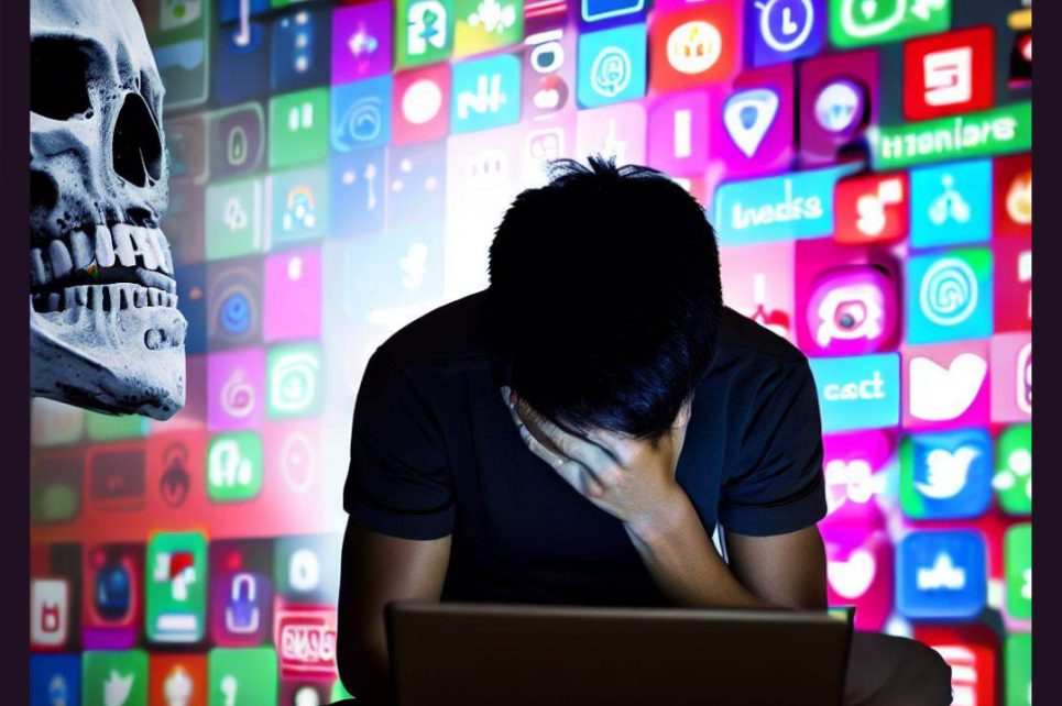 A photograph of a man sitting at a computer with his head bent down and hand over his forehead, against a background of neon lights with various logos. On the left is black and white image of a skull. A photograph of a man sitting at a computer with his head bent down and hand over his forehead, against a background of neon lights with various logos. On the left is black and white image of a skull.