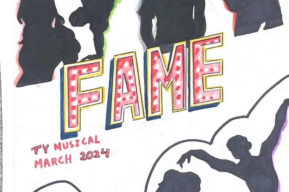 Silhouettes of dancing figures behind title 'FAME' in large letters Silhouettes of dancing figures behind title 'FAME' in large letters