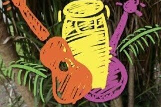 A sketch drawing of a guitar, a bongo drum, and a banjo against a background of palm tree leaves and musical notes