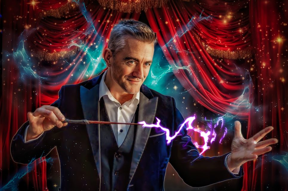 A photograph of Joe the Magician holding a wand emanating electric sparks. Behind him is a red stage curtain and a mysterious fog