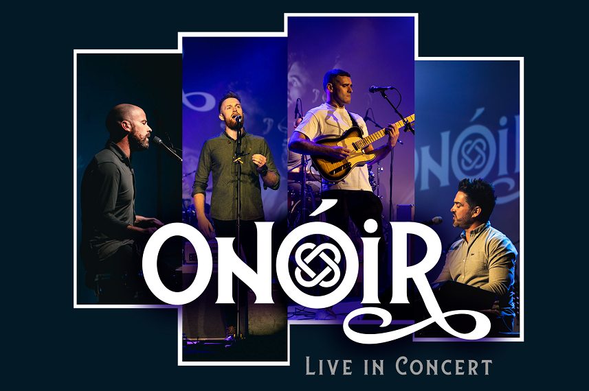 A graphic collage of the four members of Onoir against a dark blue background. At the front is the band logo in white. A graphic collage of the four members of Onoir against a dark blue background. At the front is the band logo in white.