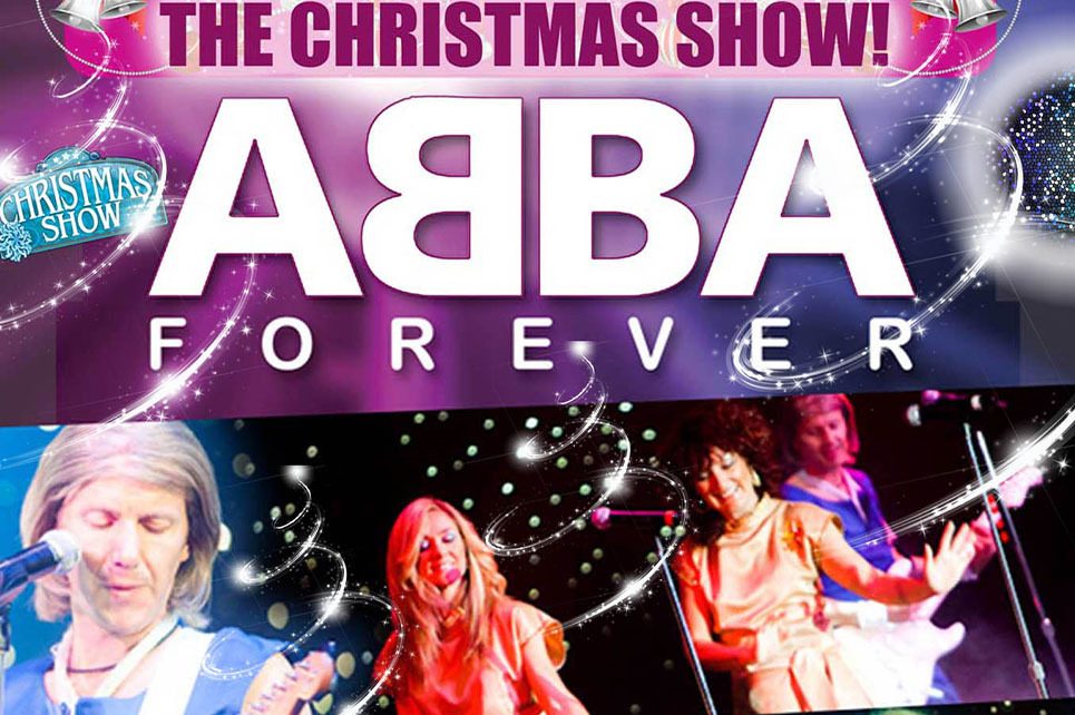 Image of musicians dressed as members of the band underneath the heading Abba Forever The Christmas Show