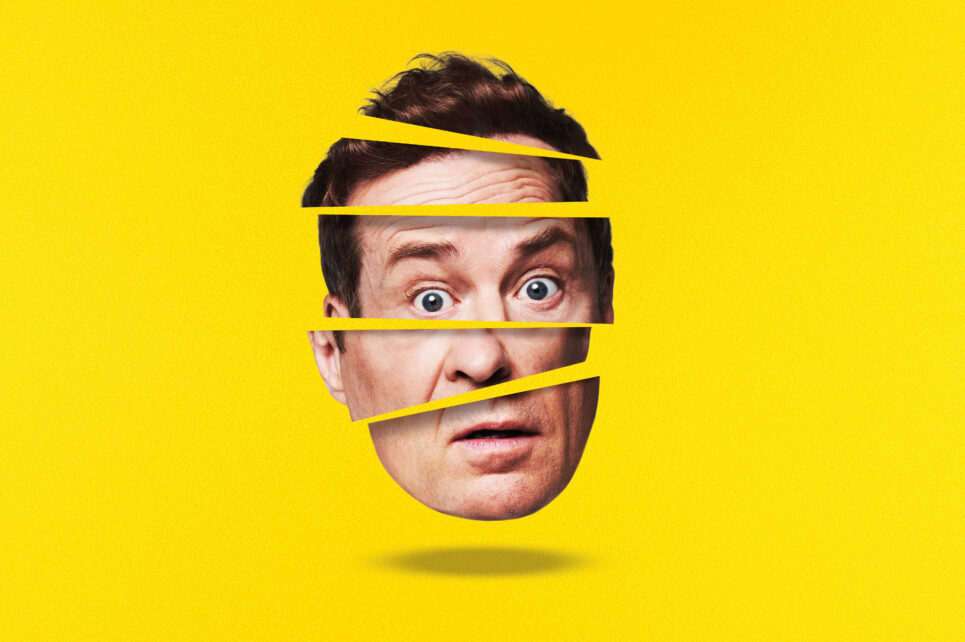 A man’s face is cut into a few horizontal pieces on a bright yellow background.