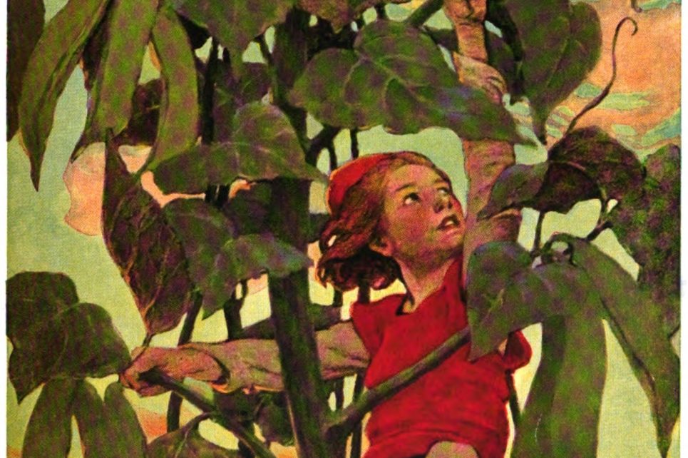 Art illustration of Jack climbing a beanstalk  Art illustration of Jack climbing a beanstalk