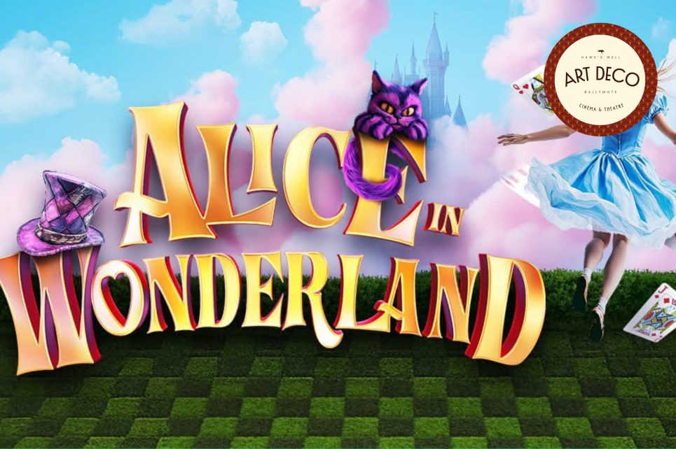 Poster for Alice in Wonderland featuring Alice, the Cheshire Cat, and a castle.