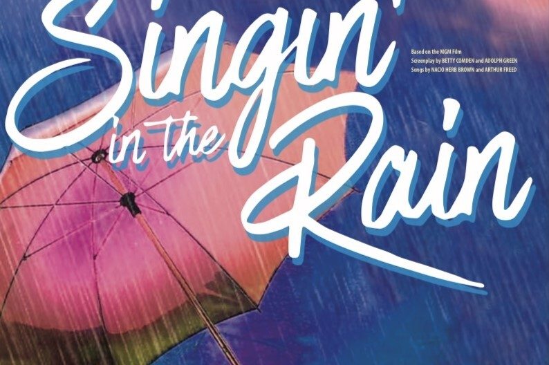 Singin in the rain text with inset of an umbrella Singin in the rain text with inset of an umbrella