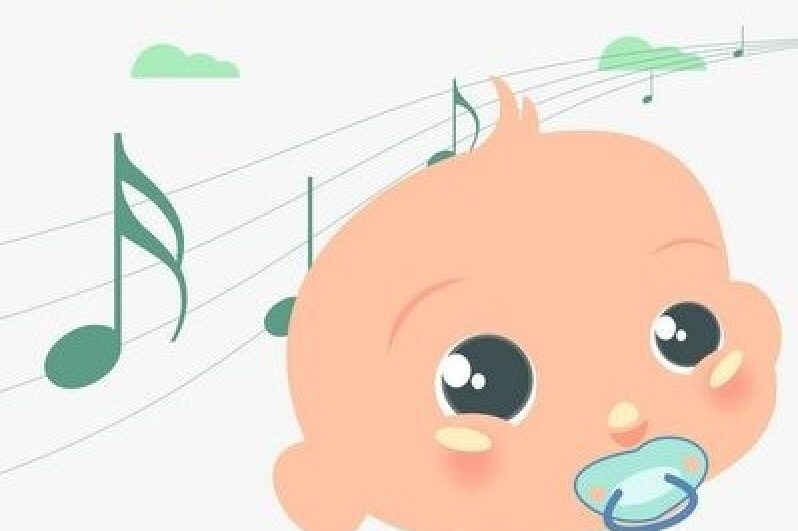 A graphic of a baby's face with the background of musical notes and clouds