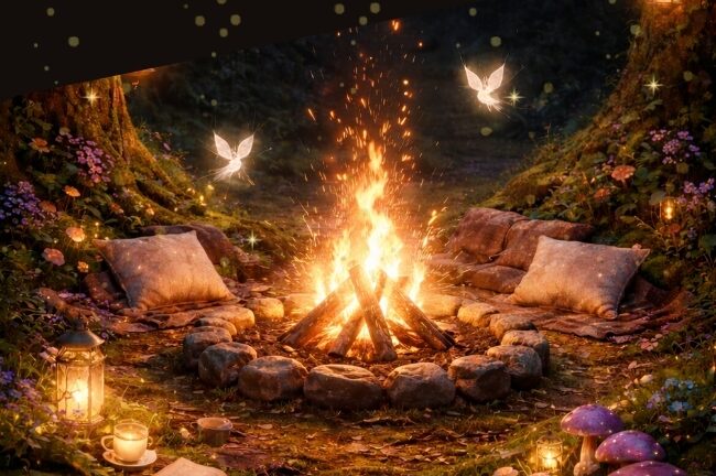 A bonfire with fairies around it