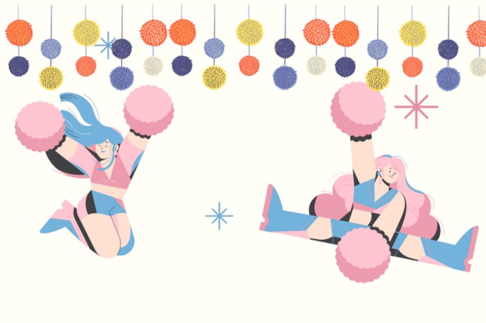 Two cheerful cheerleaders jumping with pink pom-poms and decorations above.