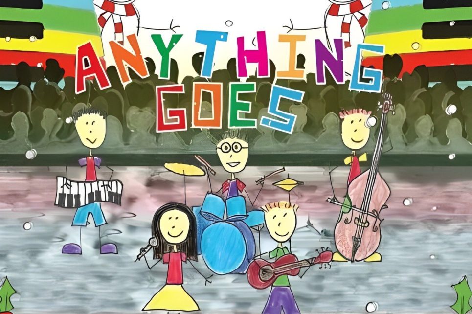 A children's drawing of the band Anything Goes performing on stage A children's drawing of the band Anything Goes performing on stage