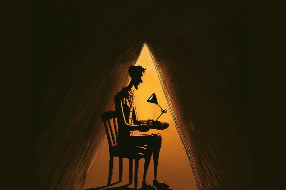 A drawing of a man holding a table lamp. He looks to be sitting in a tent with light coming in behind him.