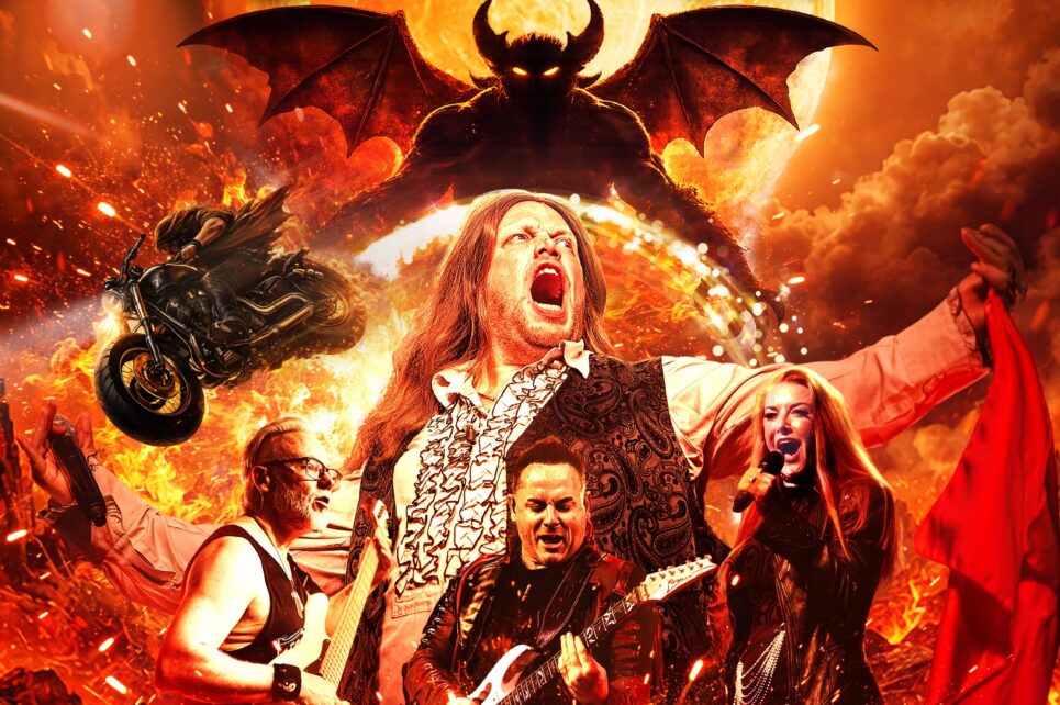 A rock band performs against a background of fire, featuring a winged demon and a flying motorcycle