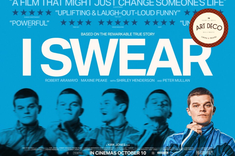 Poster of film I Swear with multiple images of the same man against a blue background