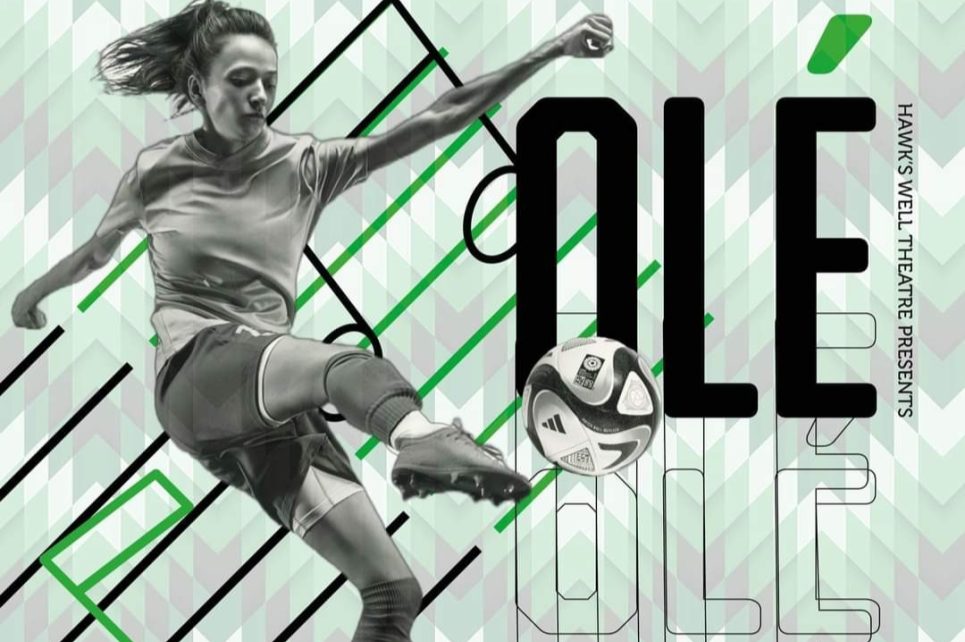 A stylized poster with a woman footballer kicking a football. Behind her is a green and black background and in large letters the word Ole. A stylized poster with a woman footballer kicking a football. Behind her is a green and black background and in large letters the word Ole.