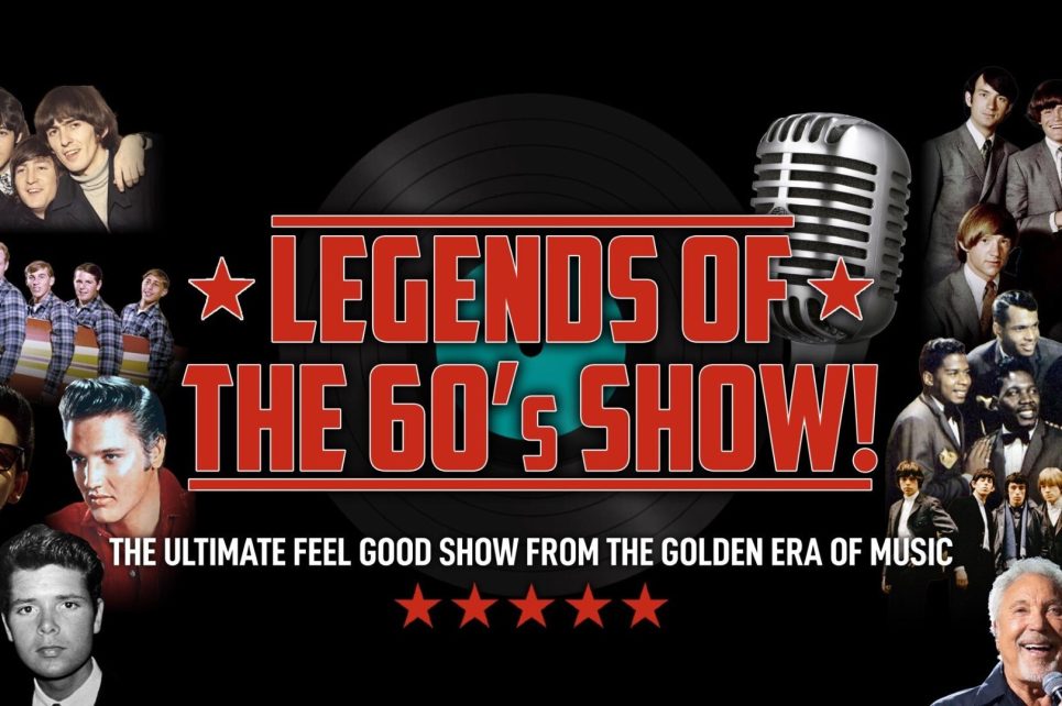 An image featuring the title "Legends of the 60s Show" in bold red letters. On the sides are photographs of various 60s musicians.