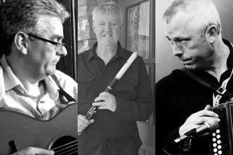 Three separate images of the three artists with their instruments Three separate images of the three artists with their instruments