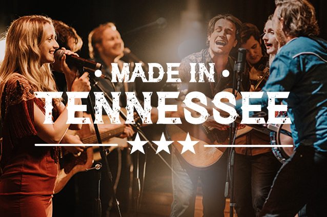 A photograph of a group of singers around a microphone. At the forefront is the title "Made in Tennessee" in large white letters