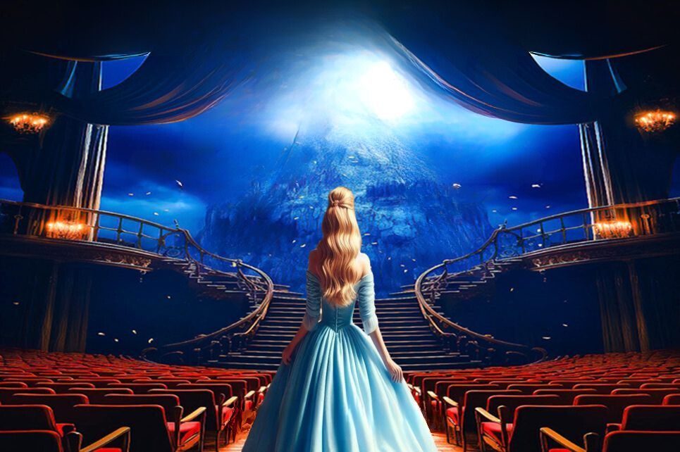 A woman in a blue ball gown in a concert hall A woman in a blue ball gown in a concert hall