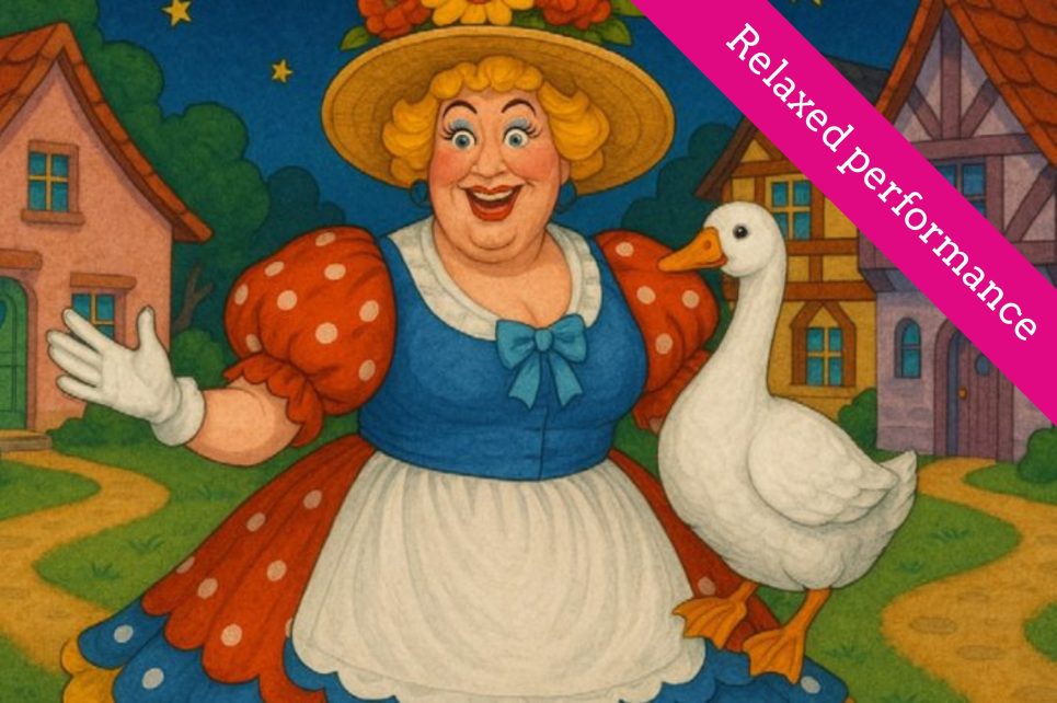A cartoon illustration of Mother Goose holding a goose