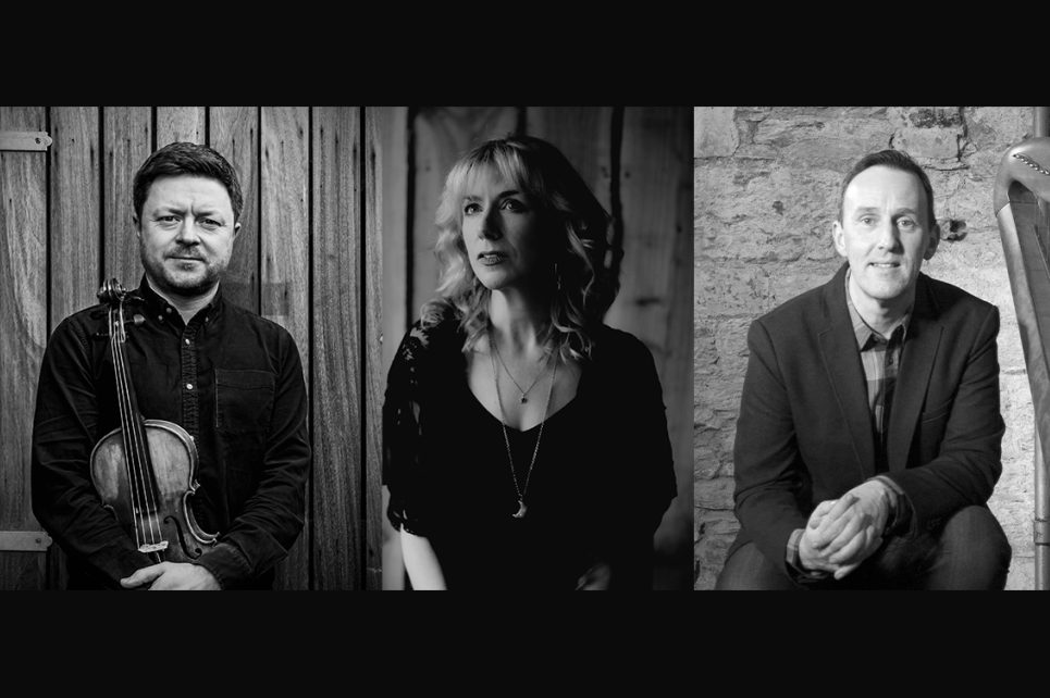 Black and white portraits of Dónal O'Connor, Muireann Nic Amhlaoibh and Michael Rooney