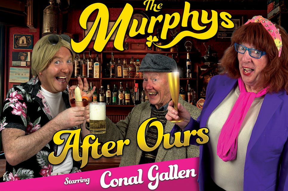 Poster of the show involving three characters smiling and holding up drinks in a pub