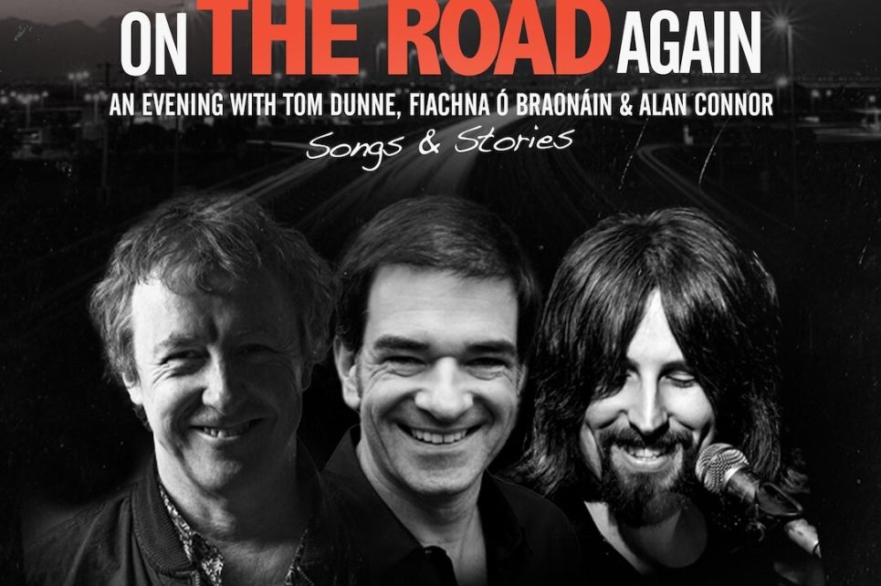 Black and white image of Tom Dunne, Fiachna Ó Braonáin and Alan Connor's smiling faces Black and white image of Tom Dunne, Fiachna Ó Braonáin and Alan Connor's smiling faces