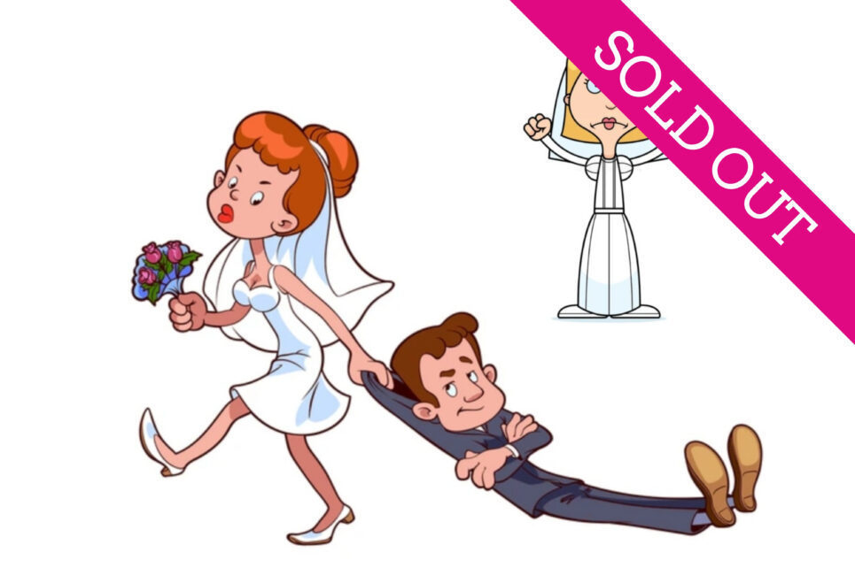 A cartoon image with a bride dragging a reluctant groom and another shocked bride watching.