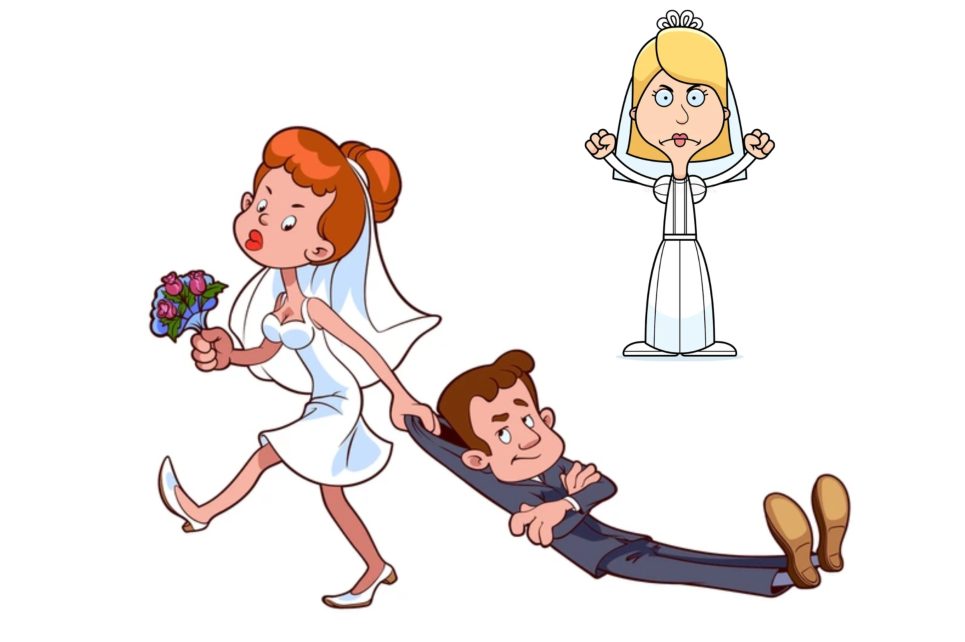 A cartoon image with a bride dragging a reluctant groom and another shocked bride watching.