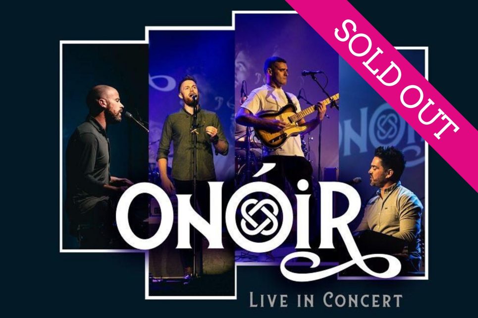 A graphic collage of the four members of Onoir against a dark blue background. At the front is the band logo in white and in the right corner is a pink ribbon saying Sold Out