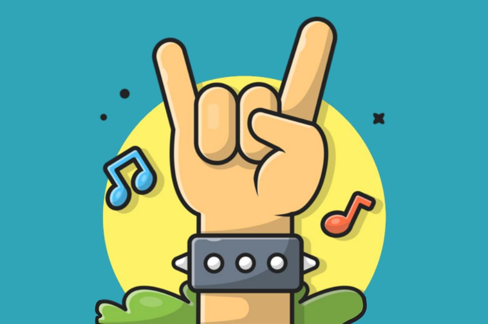 A graphic depicting a hand with the pinkie and index finger pointing up, with a studded leather band on the wrist