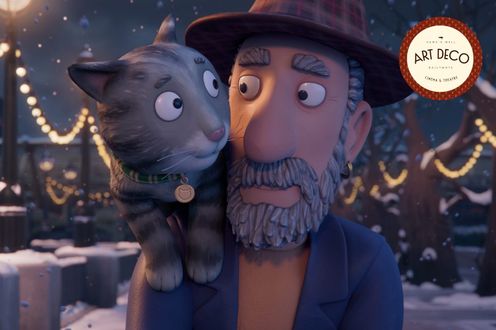 A cartoon image of a man with a cat on his shoulder