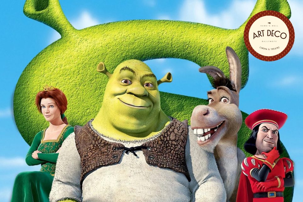 A poster of Shrek with Donkey, Fiona and Lord Farquaad in the background A poster of Shrek with Donkey, Fiona and Lord Farquaad in the background