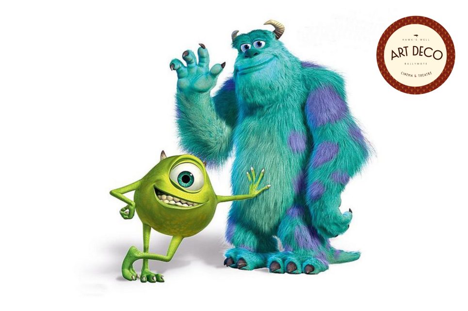 A colorful illustration of Monsters, Inc. with Sulley and Mike Wazowski smiling