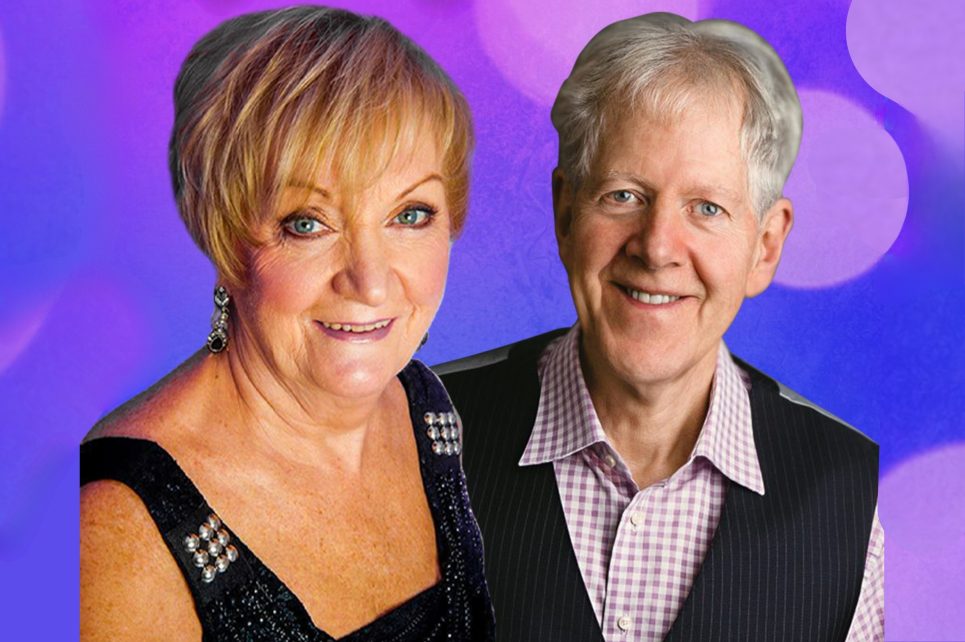 Philomena Begley and Ray Lynam against a purple background