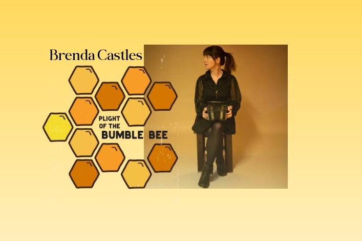 Artist sitting before a yellow backdrop with orange shades of honeycomb cells
