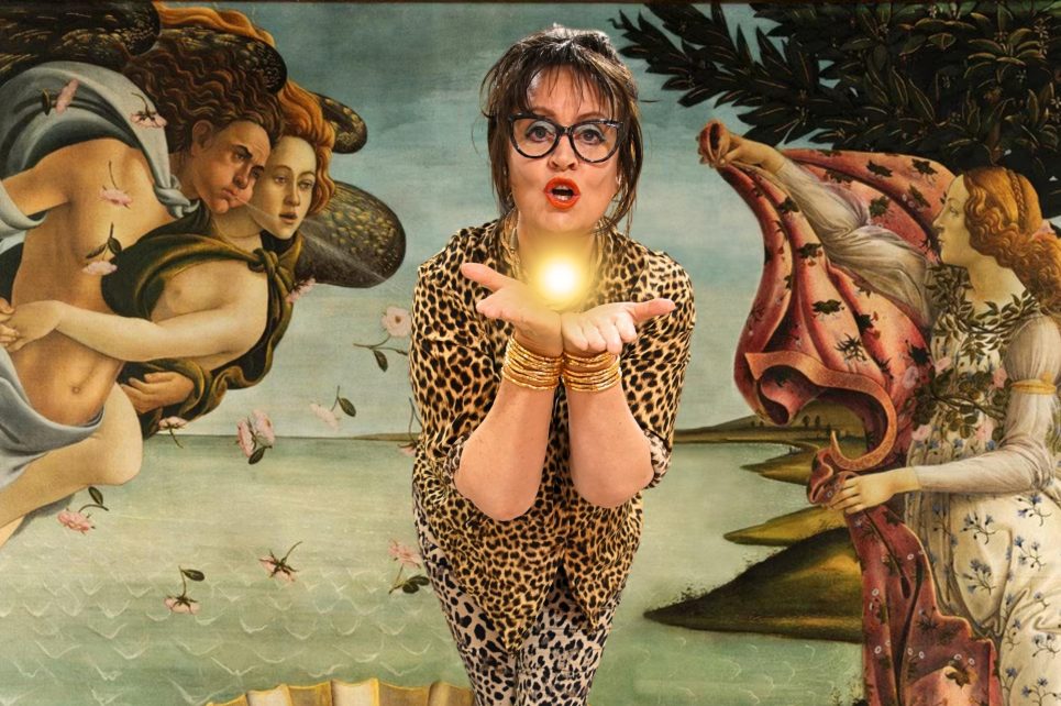 A photograph of Anne Gildea with a renaissance-style fresco background.