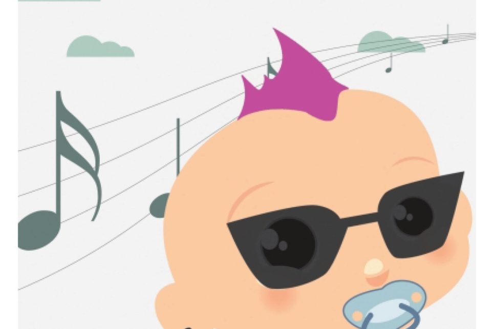 An illustration of a baby with a pink mohawk and sunglasses with musical notes in the background An illustration of a baby with a pink mohawk and sunglasses with musical notes in the background