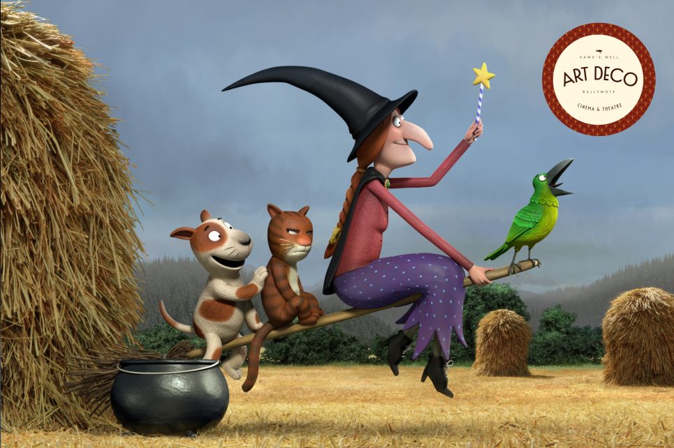 A cartoon image of a witch with animals on a broom
