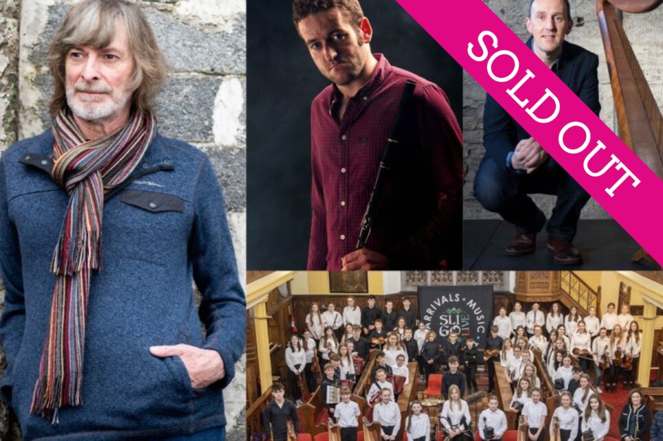 A collage of photographs of Sean Keane, Michael Rooney, Stephen Doherty and the children from the Ceol Na nOg orchestra.