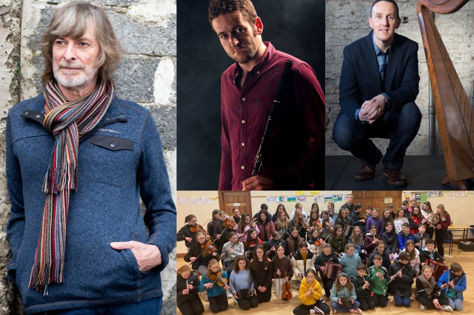 A collage of photographs depicting the following: On the left, Sean Keane relaxed and leaning against a tree. Top centre shows Stephen Doherty in a red button-down shirt. On the top right is Michael Roooney crouching next to a harp. On the bottom right is a wide photograph of the young musicians from The Ceol na nÓg Trad Orchestra